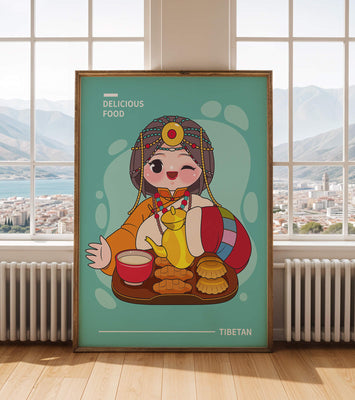 Charming Tibetan character with traditional food illustration