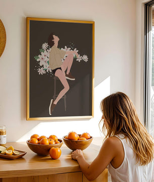 Illustration of a woman sitting on a stool surrounded by flowers