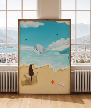 Meeresblick mit Wal und Elemente am Strand