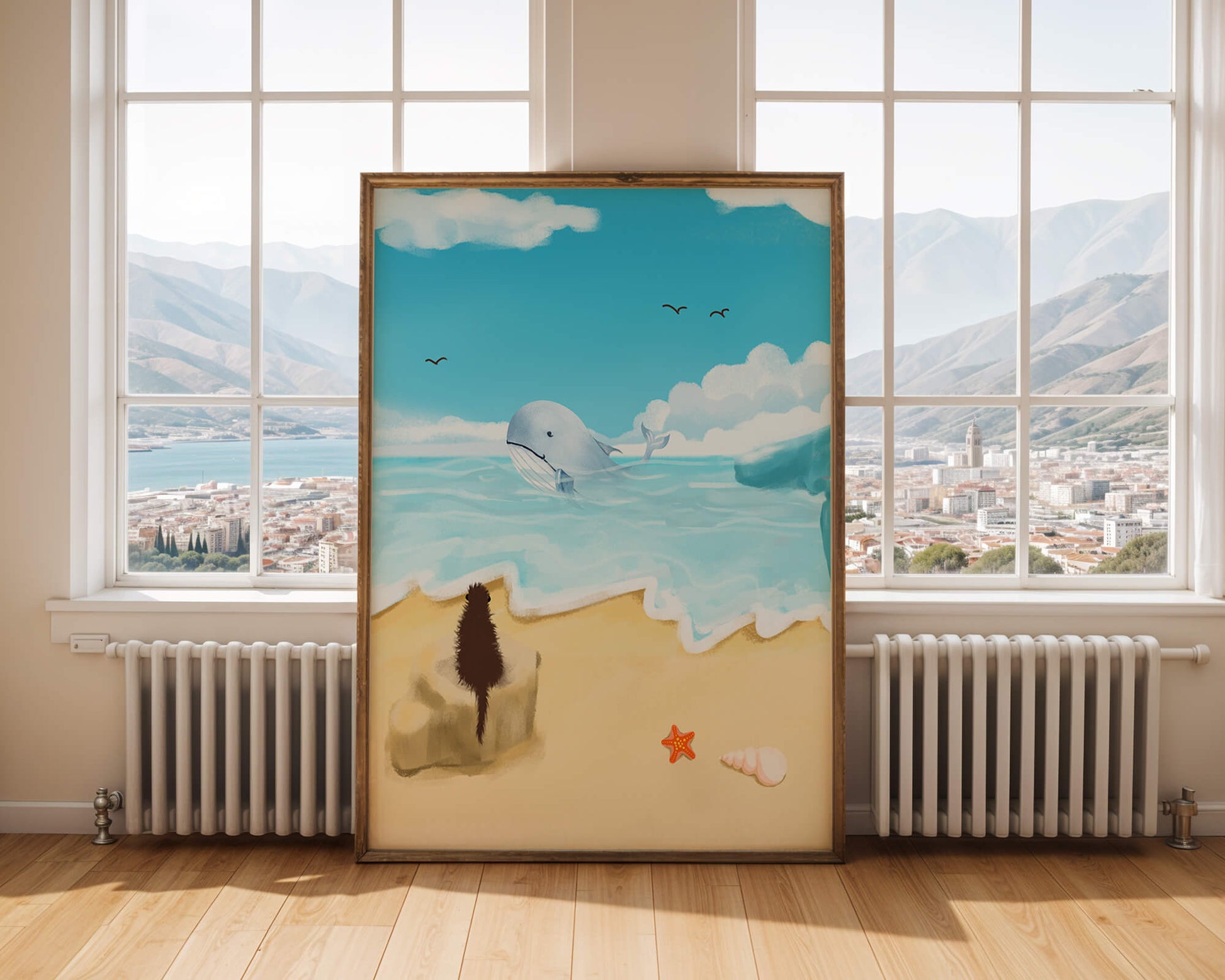 Vista al océano con ballena y elementos de playa