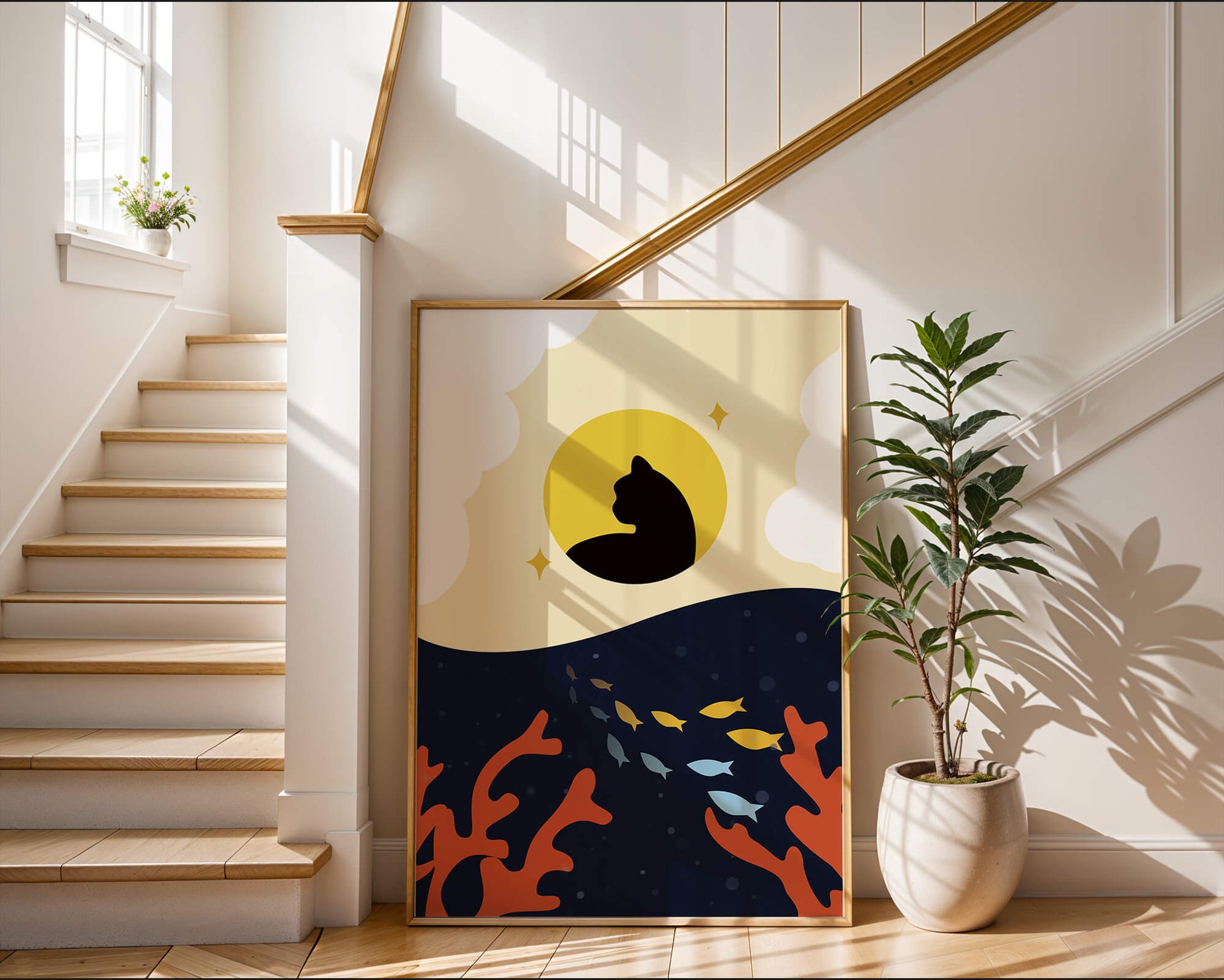 Ruhiges abstraktes Design mit Katzensilhouette und lebendiger Unterwasserszene