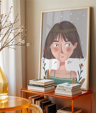 Illustrated girl with a braided crown, floral accents, and expressive features