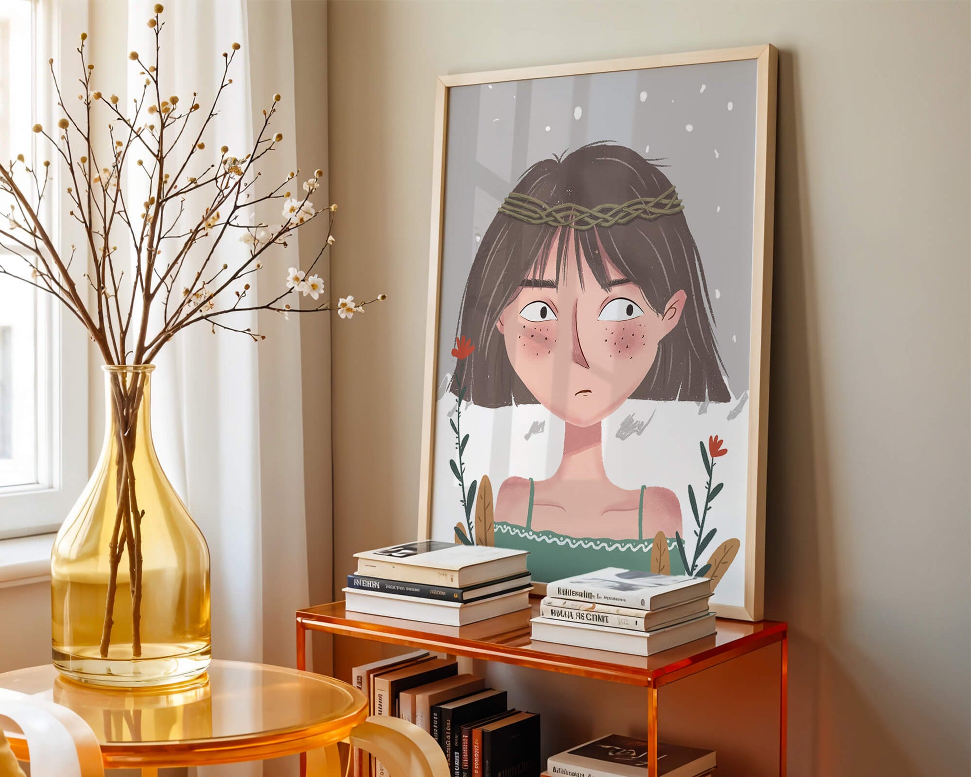 Illustrated girl with a braided crown, floral accents, and expressive features