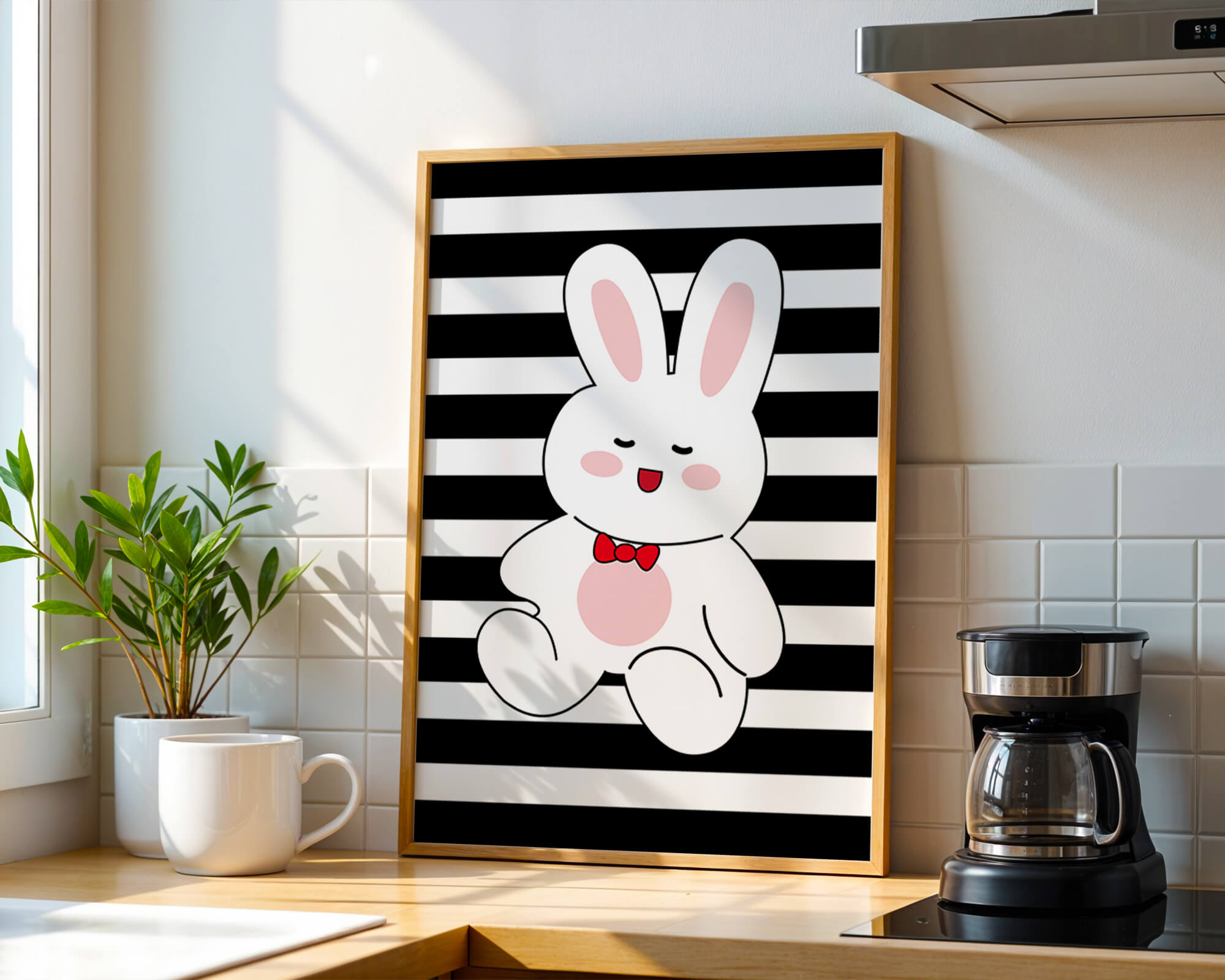 Adorable cartoon bunny with bold stripes and a red bow tie