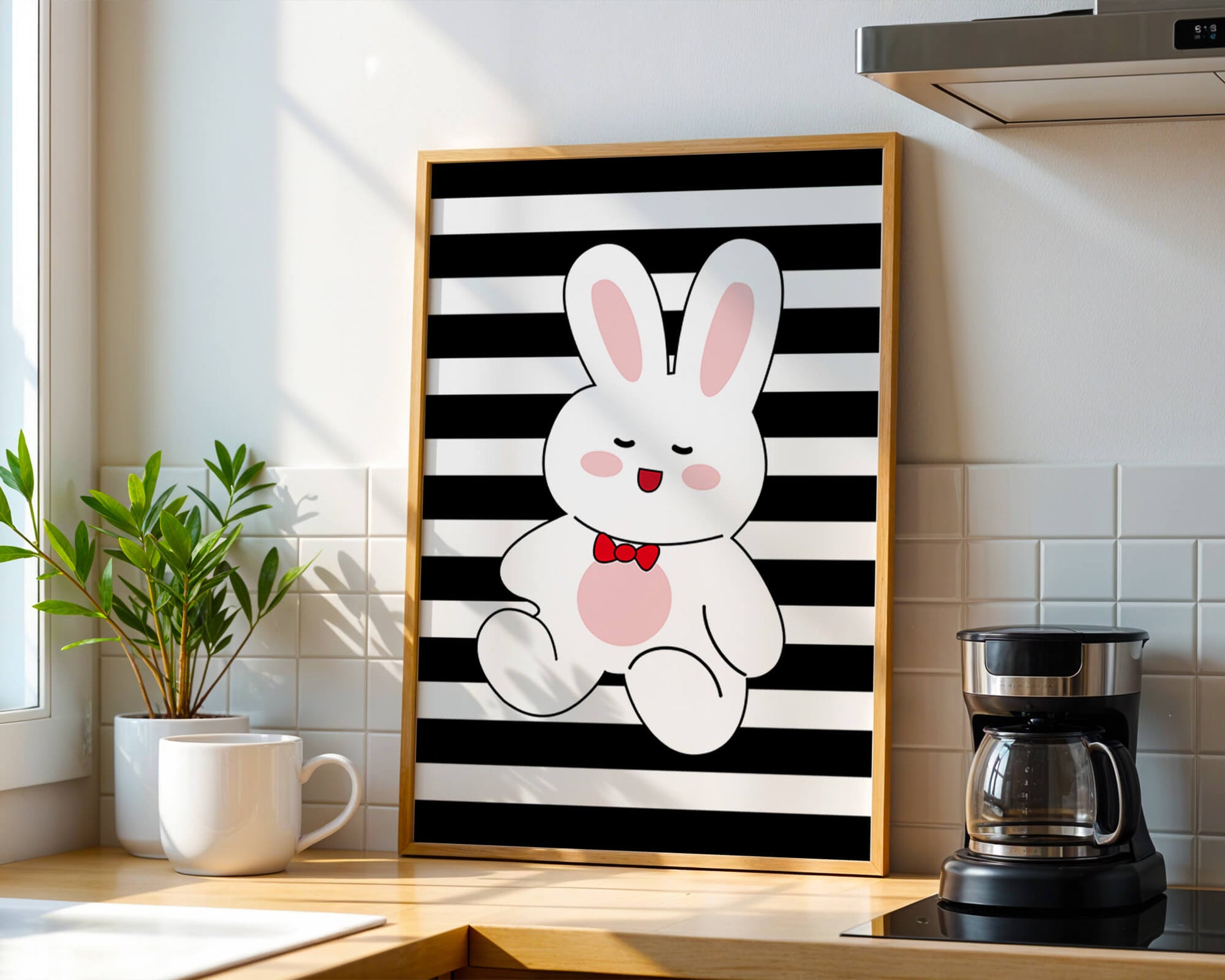 Adorable cartoon bunny with bold stripes and a red bow tie