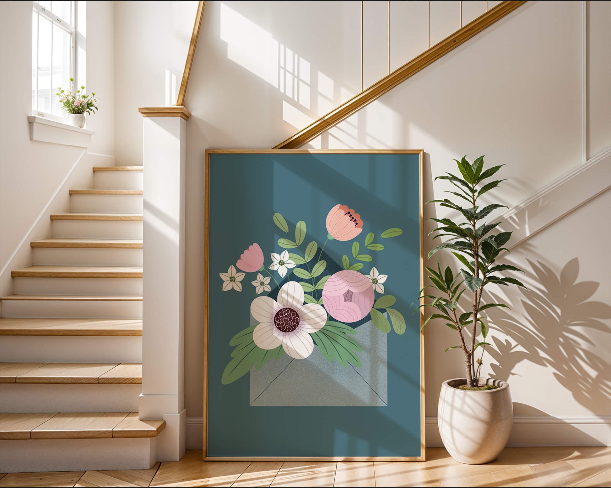 Bouquet floral illustré sortant d'une enveloppe sur un fond bleu sarcelle