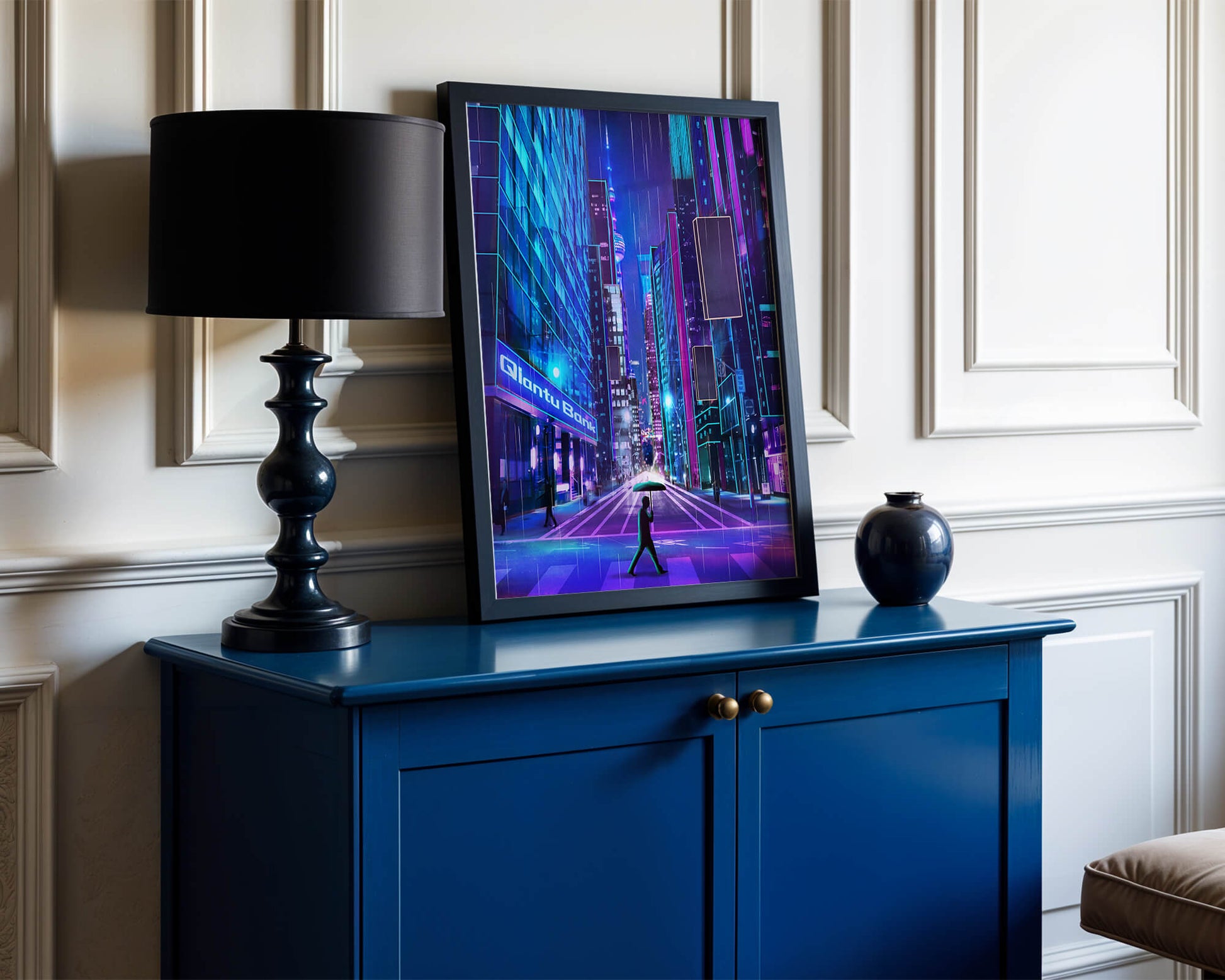 Futuristic urban street scene with neon lights and rainy atmosphere