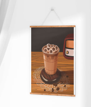Escena de café vintage con café helado y radio retro