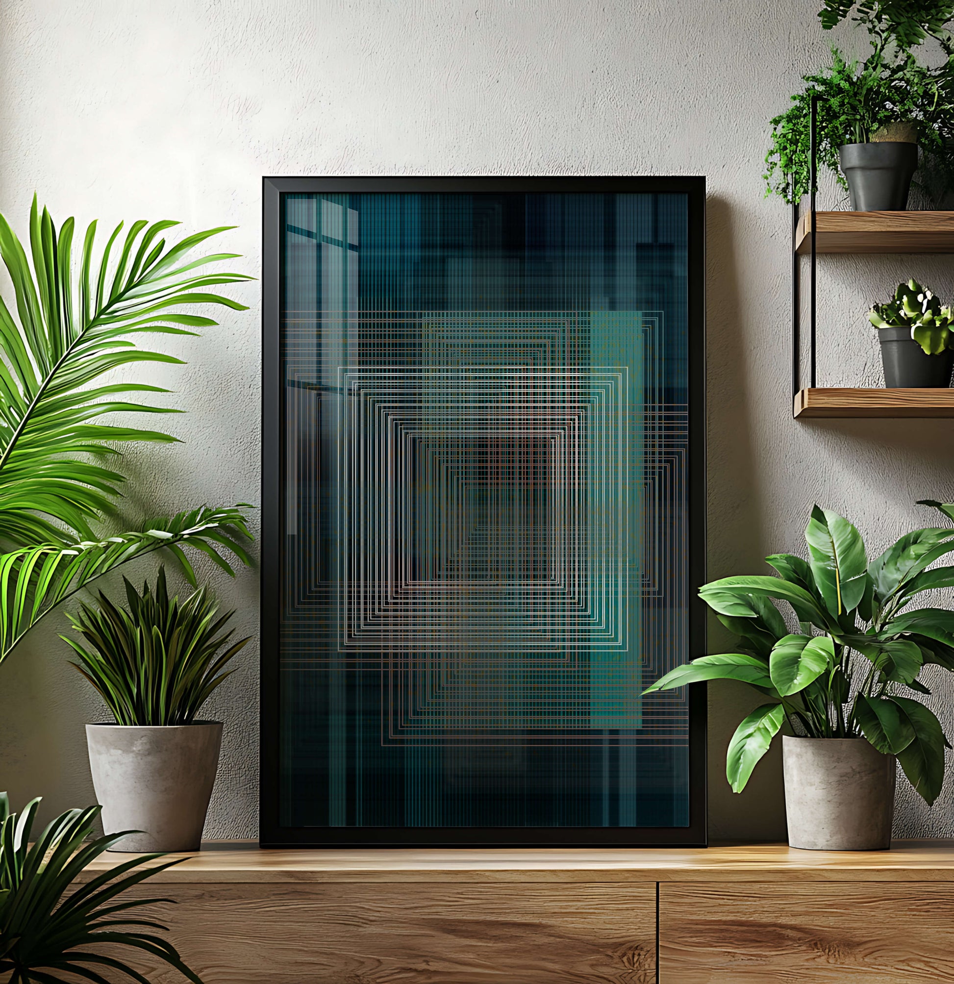 Art abstrait géométrique avec des carrés linéaires superposés
