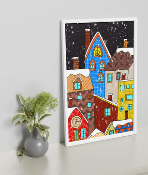 Farbenfrohe Winterstadtlandschaft mit schneebedeckten Häusern im Cartoon-Stil