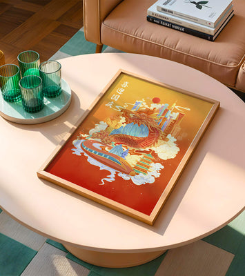 Colorful dragon and cityscape illustration with pagodas and mountains