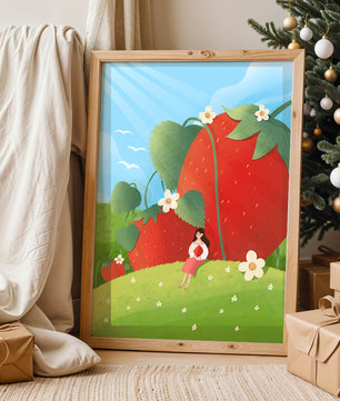 Paysage serein avec d'énormes fraises et une femme dans une prairie en fleurs