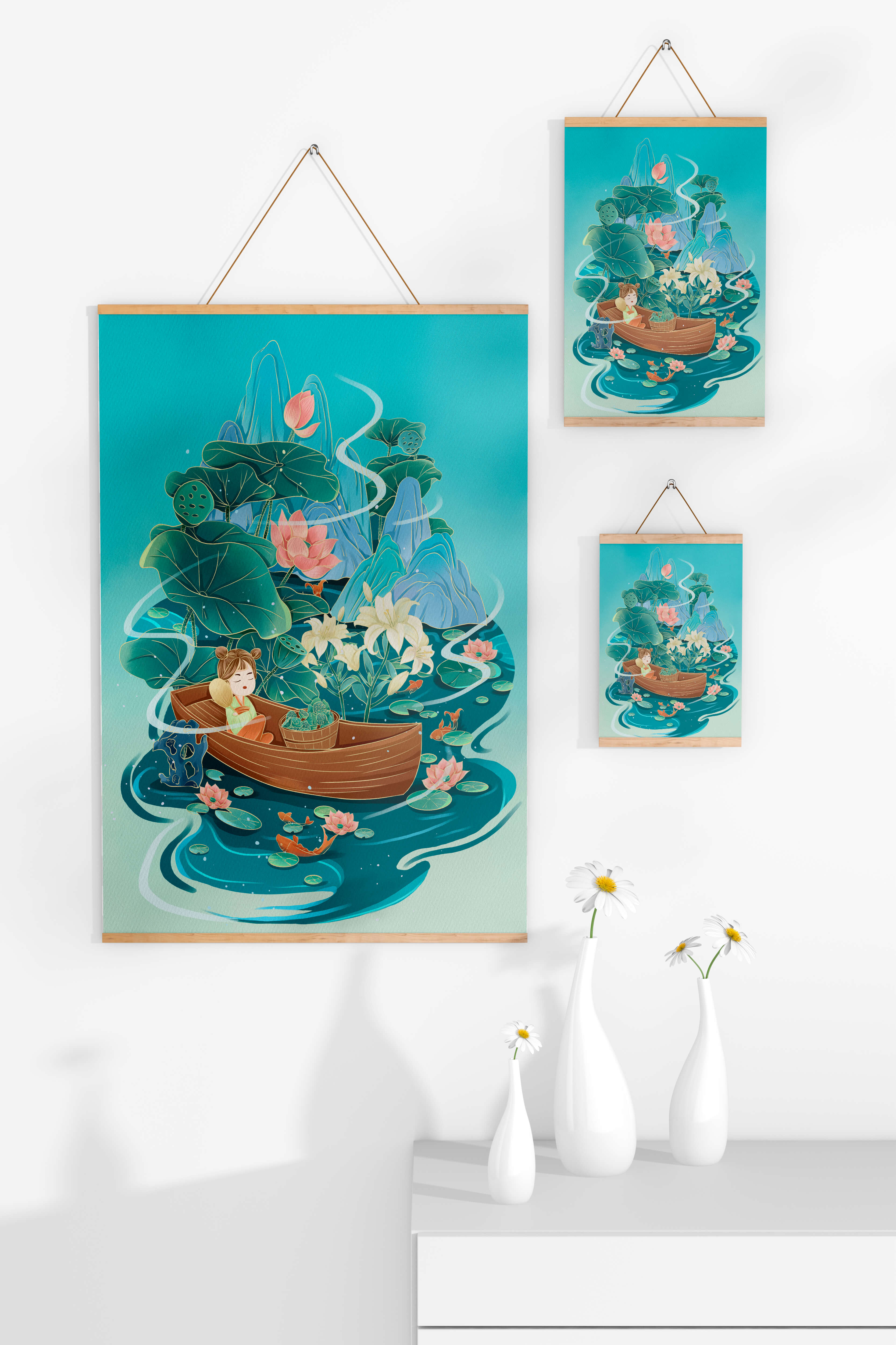 Serene landscape with lotus and boat in a tranquil water scene