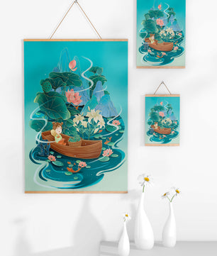 Heitere Landschaft mit Lotus und Boot in einer ruhigen Wasserszene