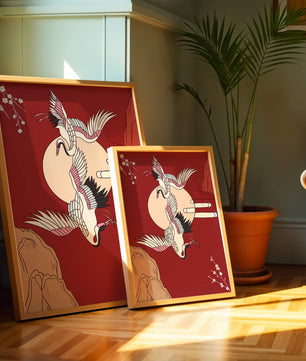 Elegant Asian-inspired artwork featuring flying cranes and cherry blossoms