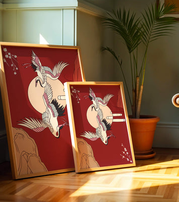 Elegant Asian-inspired artwork featuring flying cranes and cherry blossoms