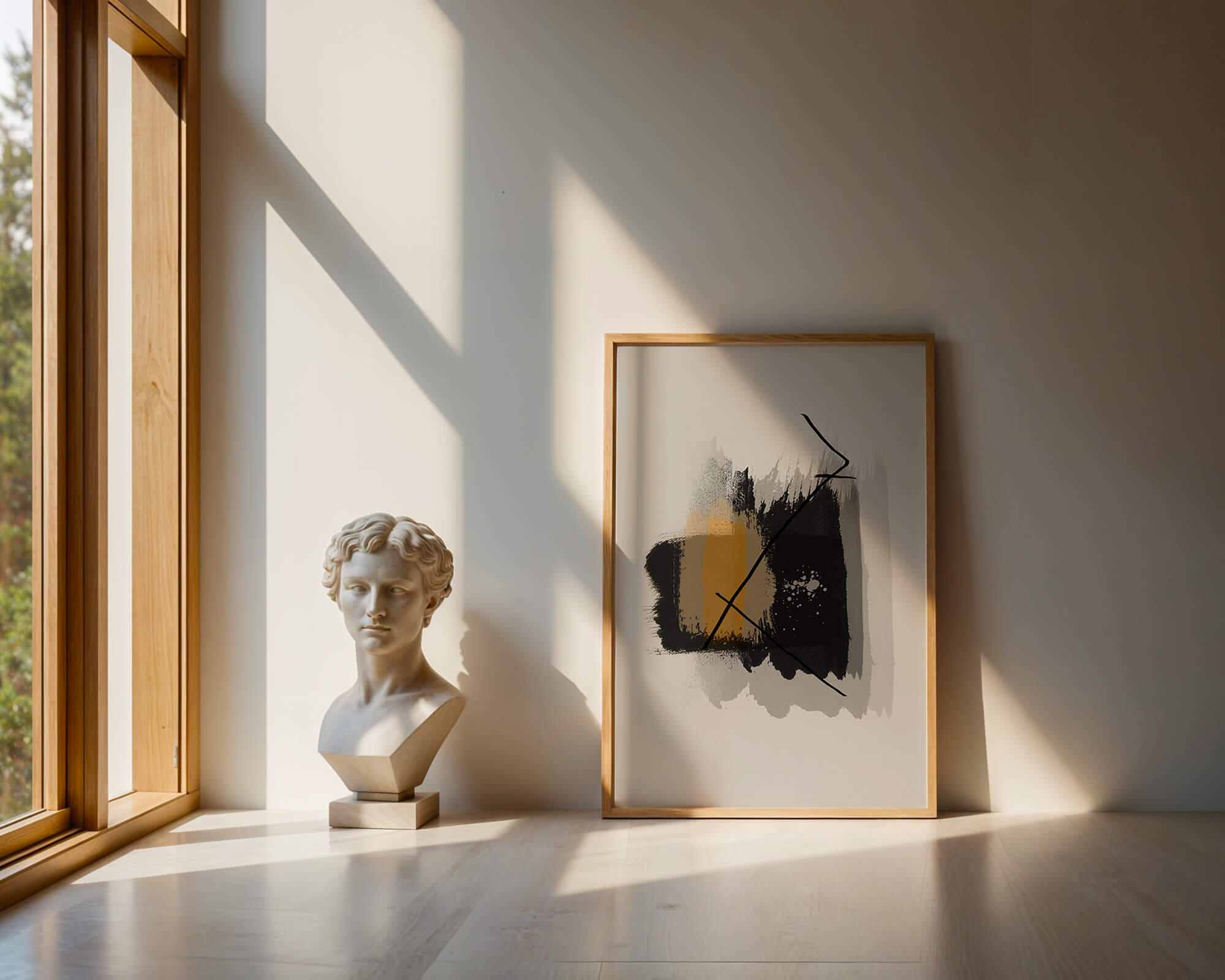 Abstract modern art with golden and black brush strokes