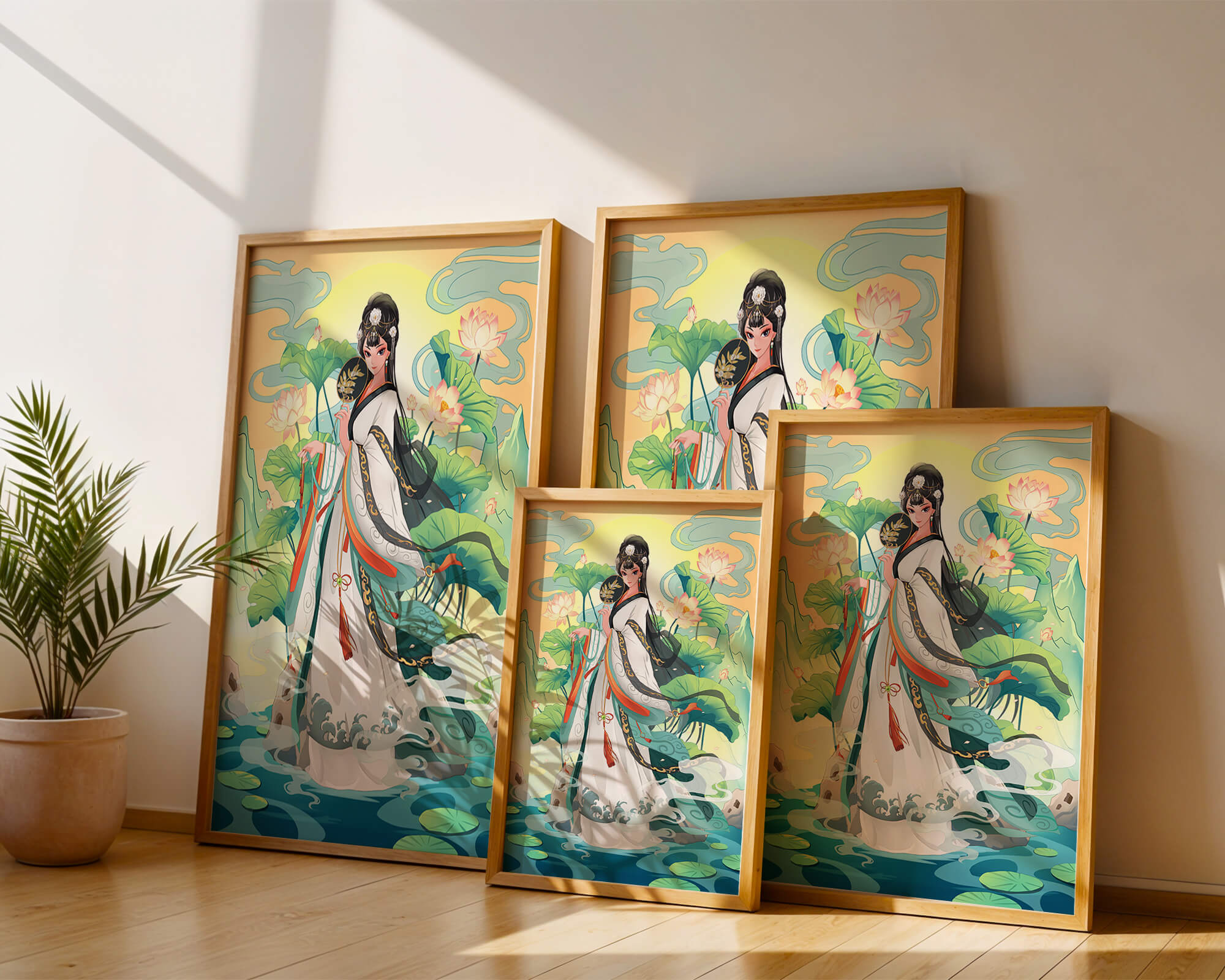 Elegant woman in traditional attire with lotus flowers and serene backdrop