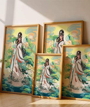 Femme élégante en tenue traditionnelle avec des fleurs de lotus et un décor serein