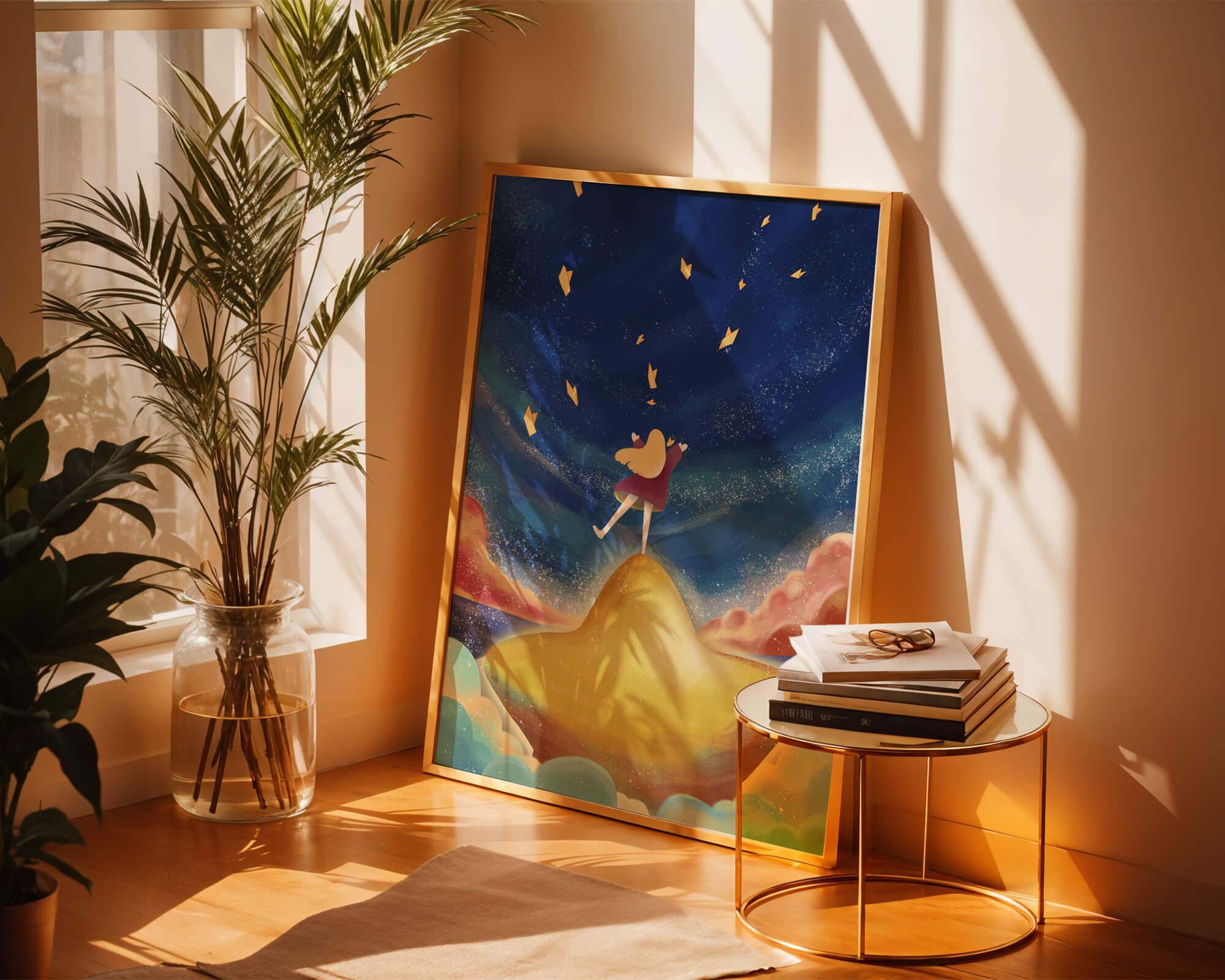 Girl standing on a golden hill reaching for stars in a dreamy night sky
