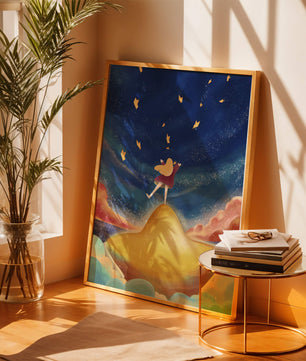 Girl standing on a golden hill reaching for stars in a dreamy night sky