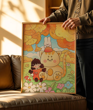 Ilustración caprichosa de una niña, un gato y un conejo en un paisaje otoñal