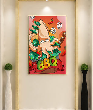 Calamar a la parrilla estilo caricatura peculiar con vegetales