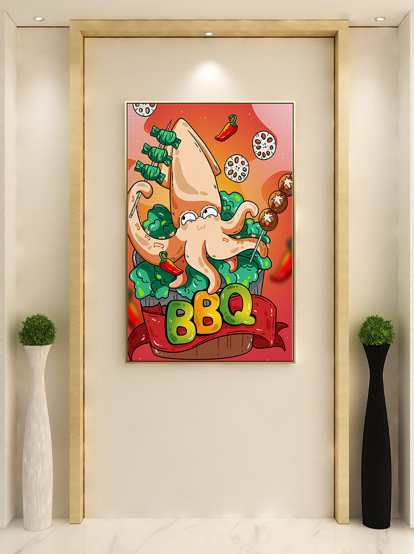 Quirky Cartoon Squid BBQ with Vegetables