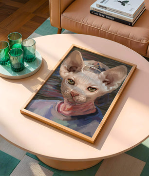 Painted portrait of a sphynx cat wearing a casual cap