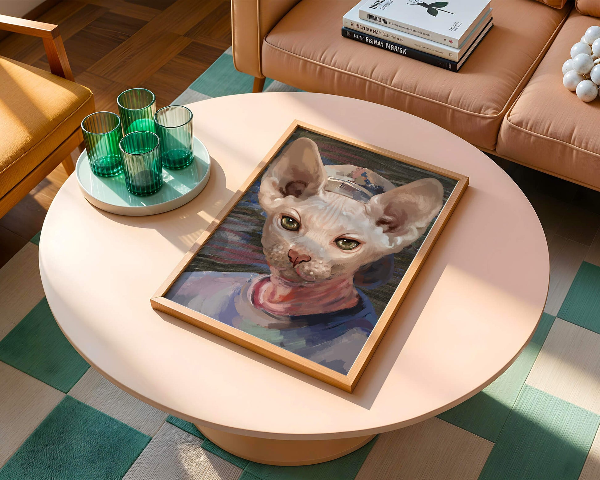 Painted portrait of a sphynx cat wearing a casual cap