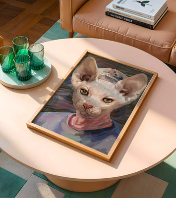 Painted portrait of a sphynx cat wearing a casual cap