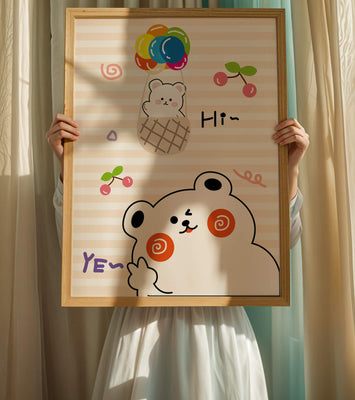 Adorable bears with colorful balloons and cherries on striped background