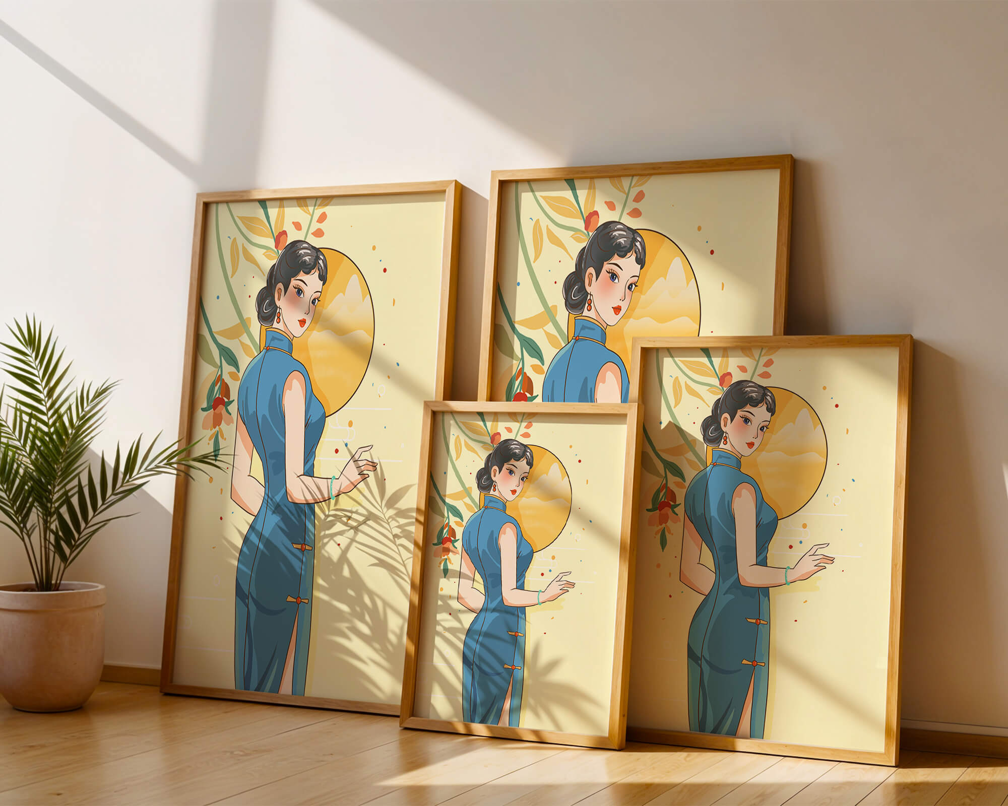 Elegant Woman in Traditional Dress with Floral and Golden Sun Backdrop