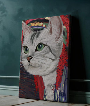Illustrated cat portrait with colorful accents
