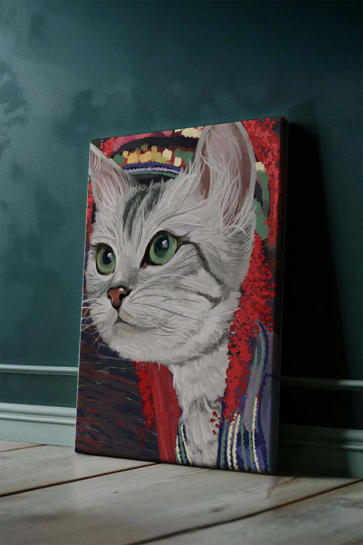 Illustrated cat portrait with colorful accents