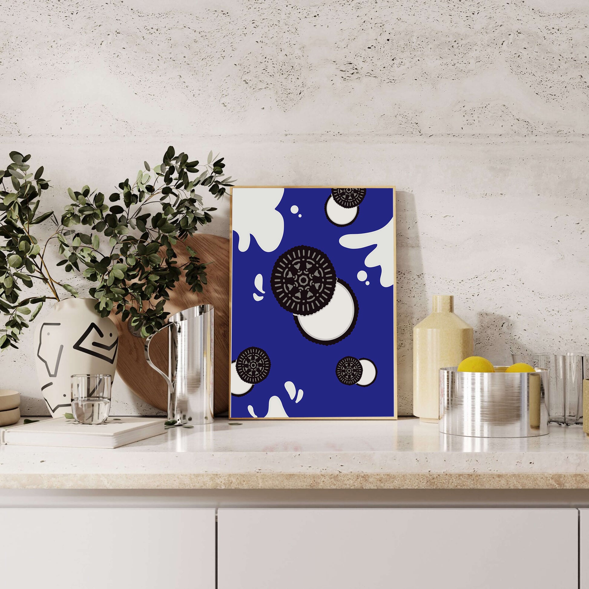 Graphic design featuring cookies and milk splashes on blue background