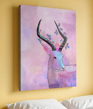 Pastel watercolor illustration of antelope with floral horns