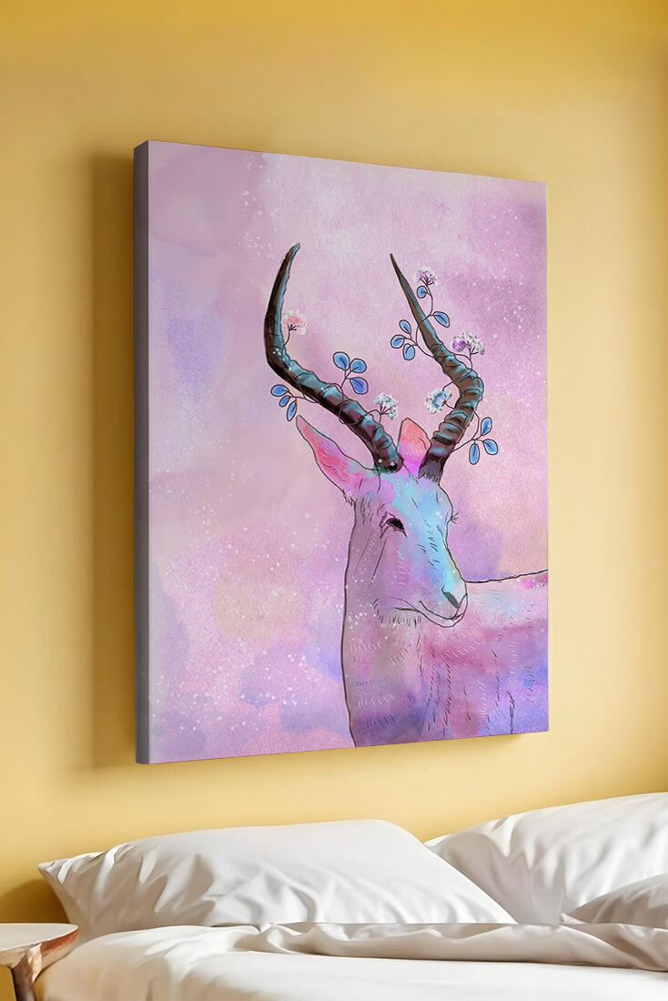 Pastel watercolor illustration of antelope with floral horns
