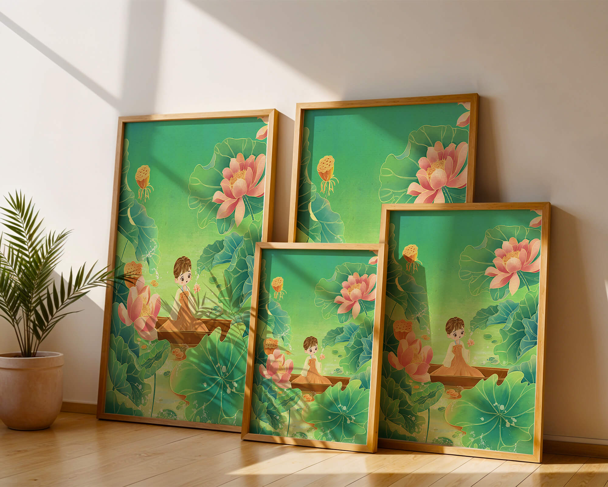 Serene illustration with girl among lotus flowers and green leaves
