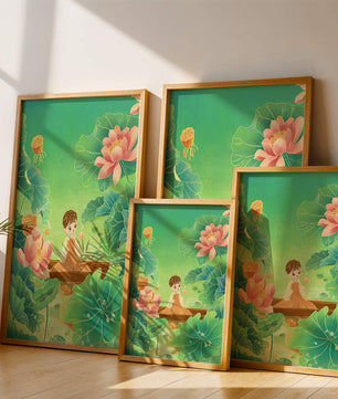 Serene illustration with girl among lotus flowers and green leaves