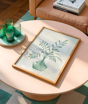 Illustration minimaliste à l’aquarelle de feuilles vertes dans un vase en verre