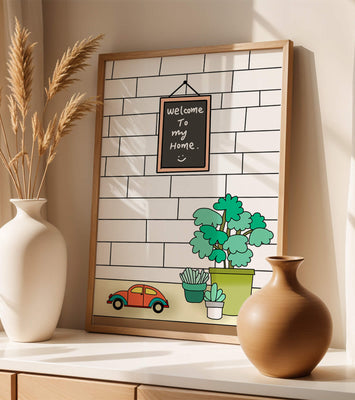 Chalkboard welcome sign with potted plants and a toy car