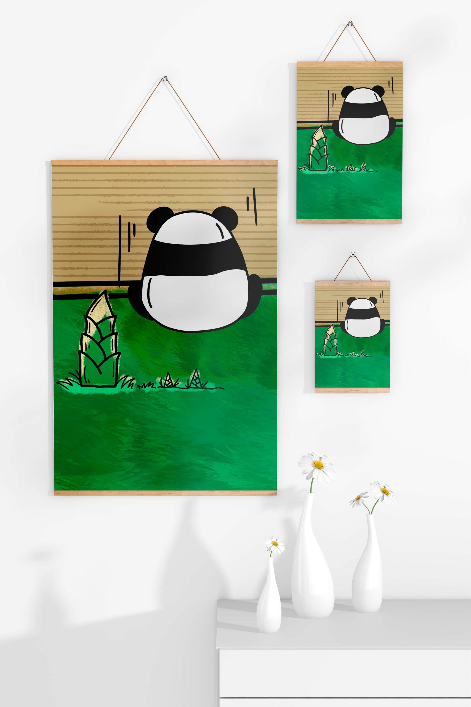 Whimsical panda in a green bamboo forest background
