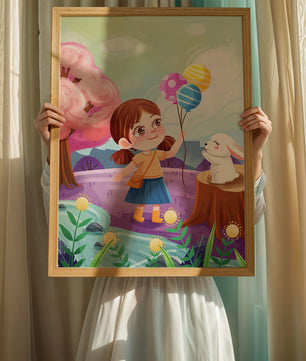 Charming Landscape with Girl Holding Balloons and White Bunny in Enchanted Forest