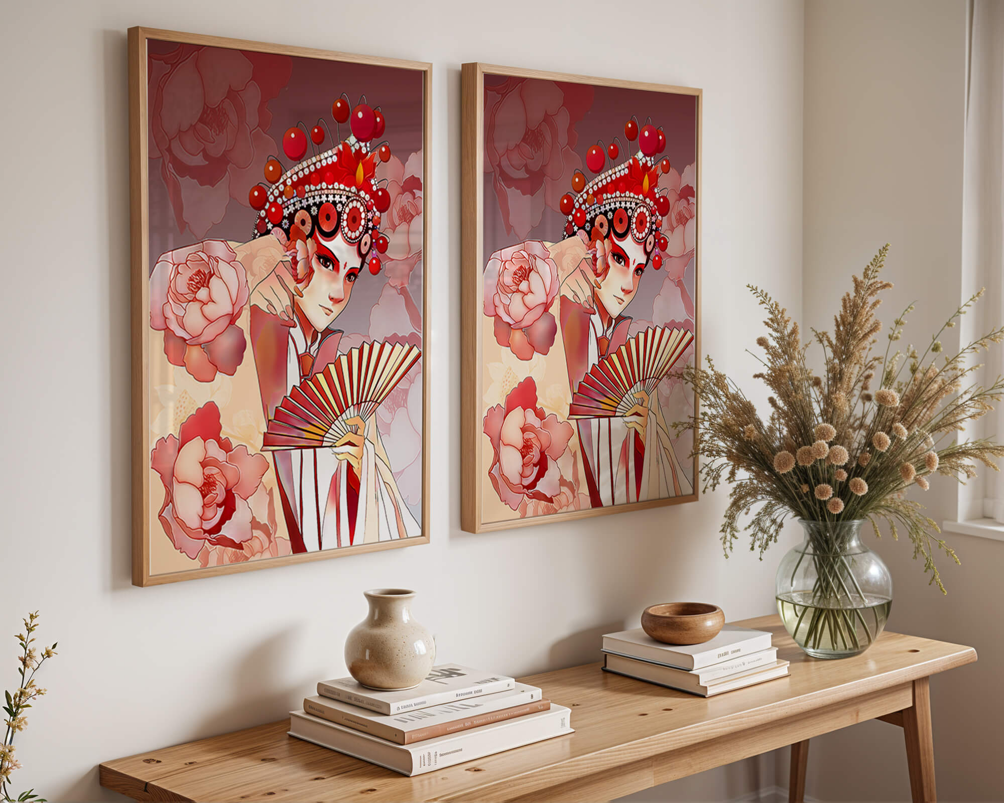 Traditional Asian artwork with floral motifs and ornate headpiece