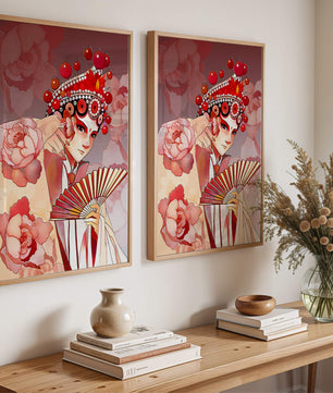 Traditional Asian artwork with floral motifs and ornate headpiece