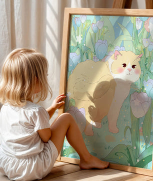Charmante illustration d’un chat dans un jardin luxuriant de tulipes