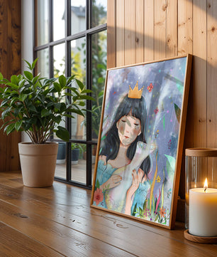 Retrato encantador de una chica con corona en un jardín mágico