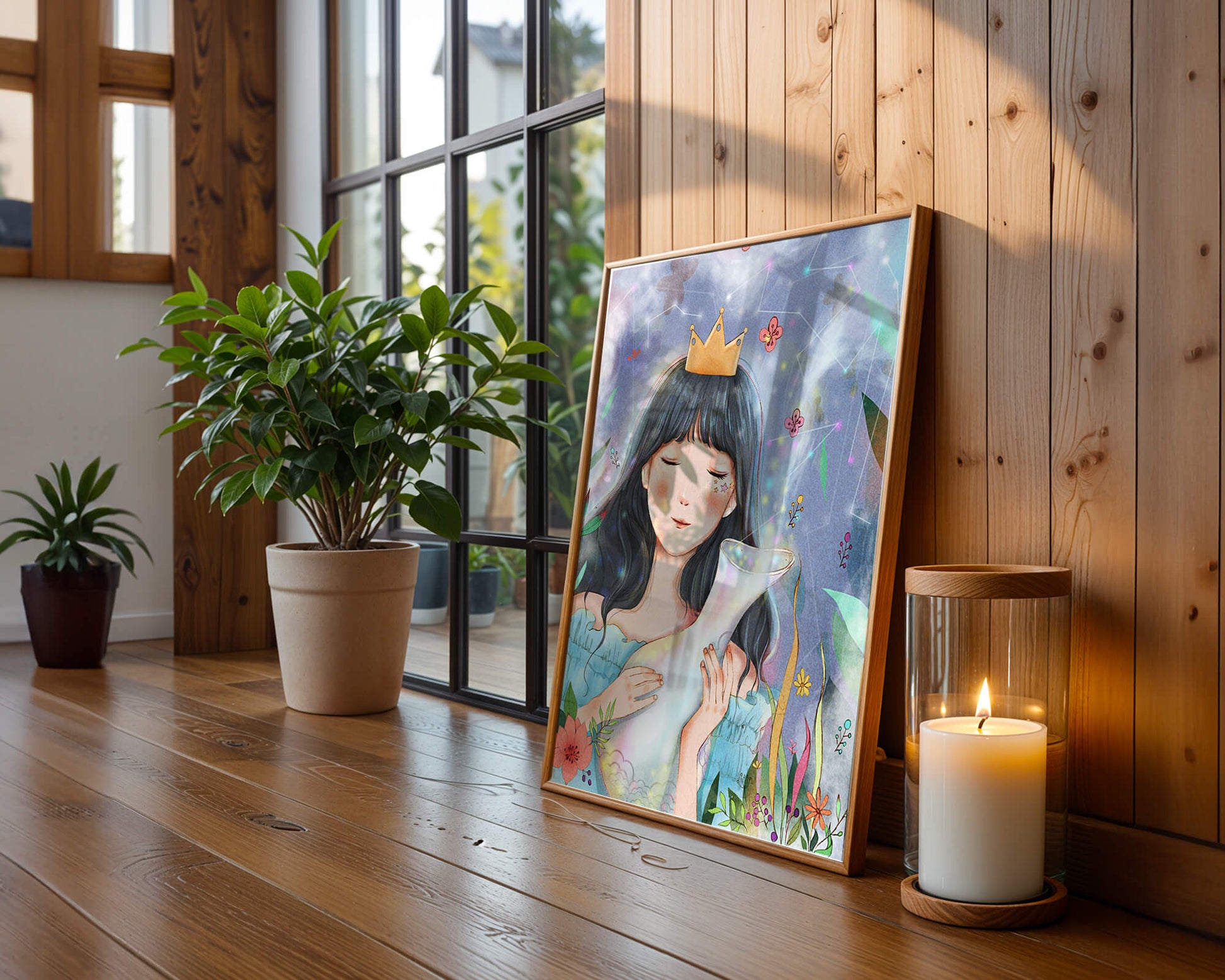 Retrato encantador de una chica con corona en un jardín mágico