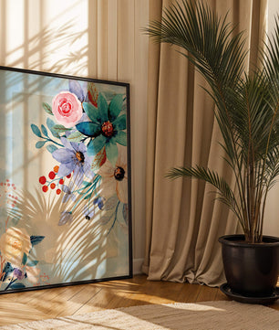 Watercolor floral illustration with vibrant flowers and leaves
